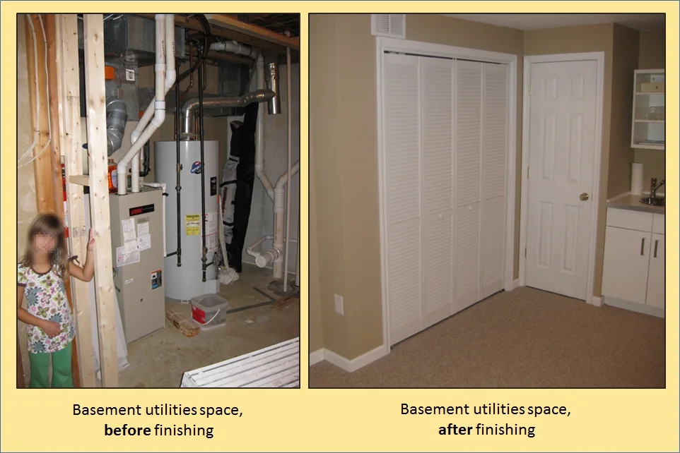 Before and after photographs of a residential basement utility area in Pennsylvania